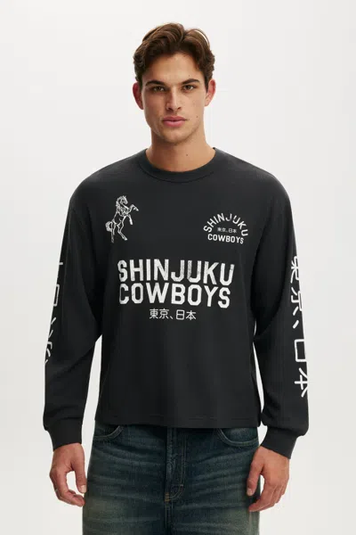 Cotton On Cropped Fit Textured Graphic Ls T-shirt In Washed Black / Shinjuku Cowboys