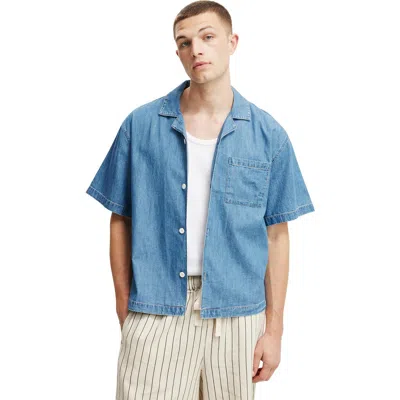 Cotton On Denim Box Fit Short Sleeve Shirt In Mid Blue Rinse