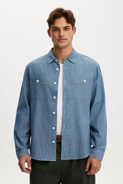 Cotton On Denim Long Sleeve Worker Shirt In Blue