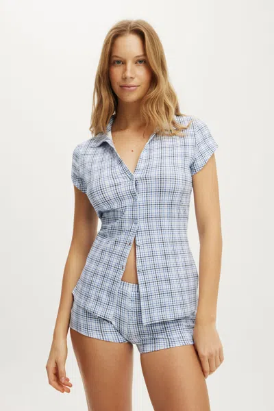 Cotton On Dreamy Soft Button Up Fitted Polo In Isla Micro Check Daydream Blue