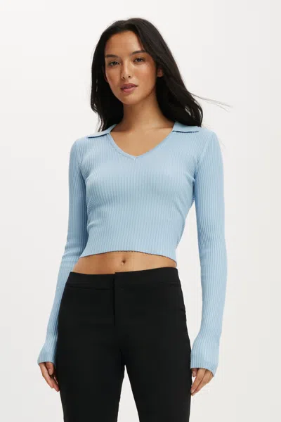 Cotton On Everfine Rib V-neck Polo In Blue