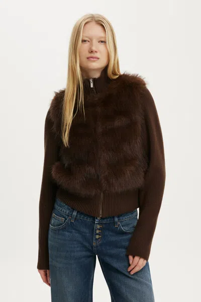Cotton On Faux Fur Knit Jacket In Chocolate Brown