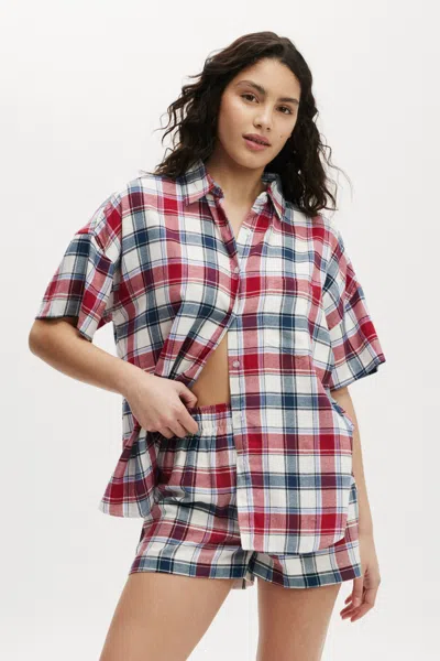 Cotton On Flannel Boyfriend Short Sleeve Shirt In Stephanie Check Blue