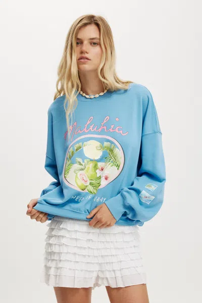Cotton On Fleece Graphic Crew Sweatshirt In Malahia / Digital Blue