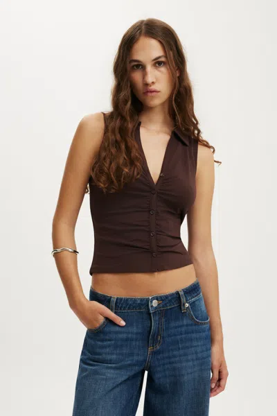 Cotton On Gathered Front Polo In Dark Oak