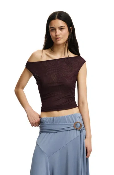 Cotton On Gathered Mesh Off Shoulder Top In Brown