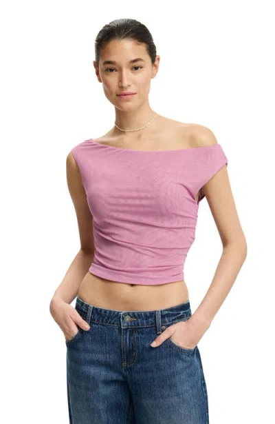 Cotton On Gathered Mesh Off Shoulder Top In Pink