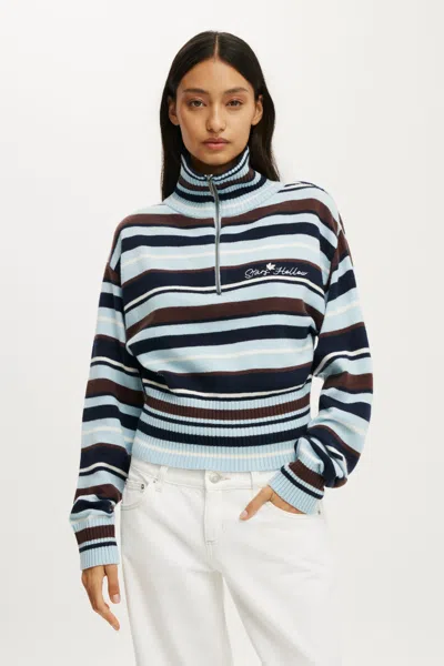 Cotton On Gilmore Girls 1/4 Zip Knit In Lcn Wb Blue/oak Stripe