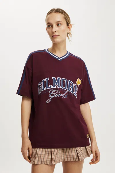 Cotton On Gilmore Girls V Neck Retro Graphic Boxy Tee In Burgundy