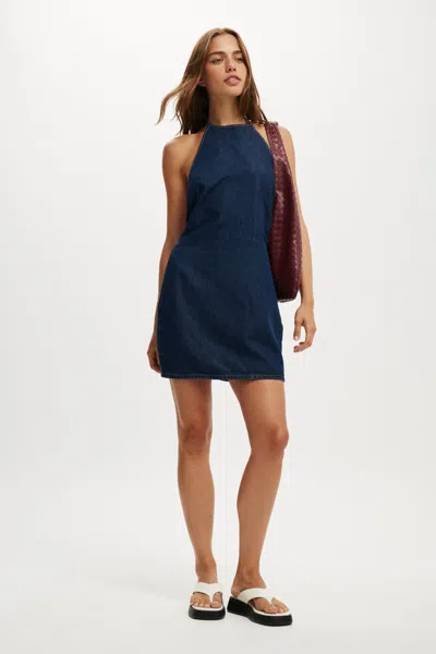 Cotton On Halter Denim Mini Dress In Blue Rinse