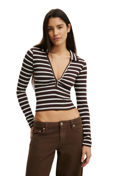 Cotton On Henley Long Sleeve Polo In Alexa Stripe Dark Oak