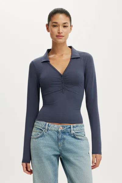 Cotton On Henley Long Sleeve Polo In Blue