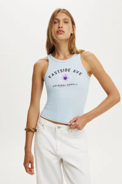 Cotton On High Neck Graphic Tank In Eastside / Seaside Blue