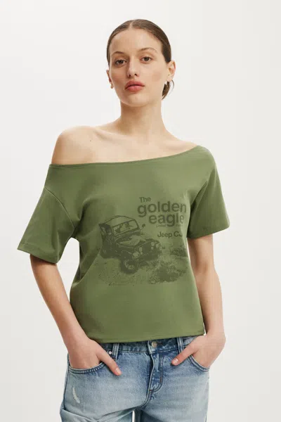 Cotton On Jeep Off The Shoulder Graphic Tee In Green