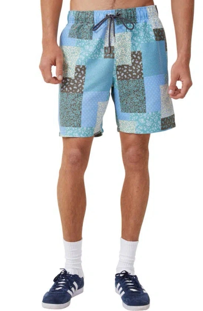 Cotton On Kahuna Drawstring Shorts In Teal Patchwork