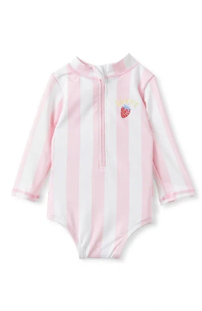 Cotton On Babies'  Kids Lucy Long Sleeve Ruffle Back Swimsuit In Blush Pink Bold Stripe