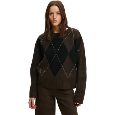 Cotton On Luxe Crew Neck Sweater In Luxe Dark Oak Argyle