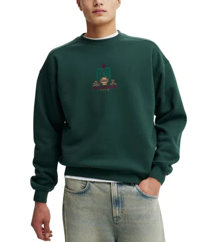 Cotton On Men's Box Fit Graphic Crew Sweater In Pine Needle Green,mind Garden Paris