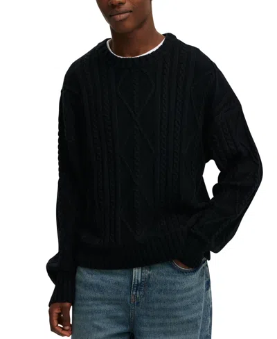 Cotton On Men's Cable Knit Crew Sweater In Black Cable