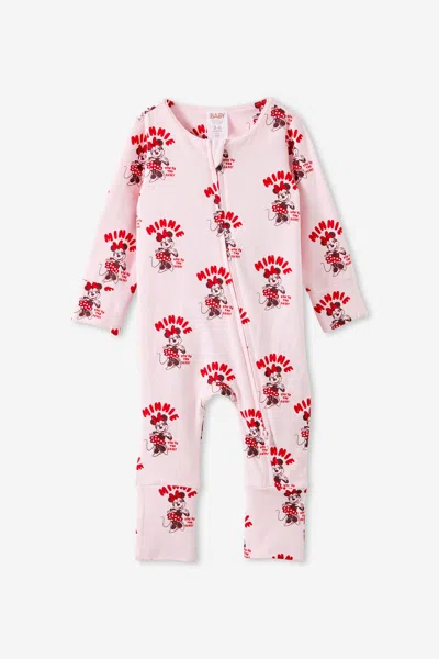 Cotton On Kids' Minnie Mouse Disney Long Sleeve Zip Romper In Pink