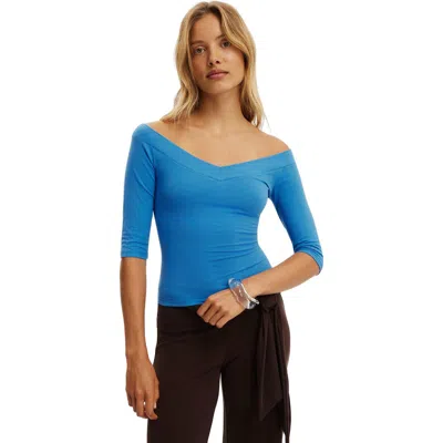 Cotton On Off Shoulder V Neck 3/4 Tee In Blue