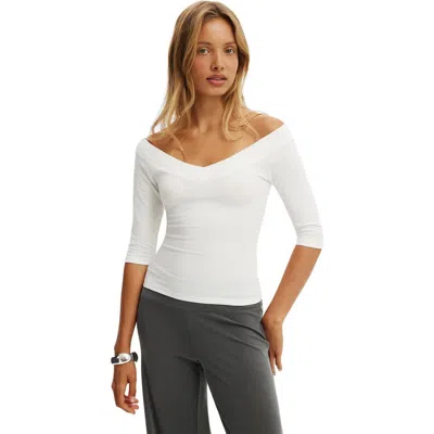 Cotton On Off Shoulder V Neck 3/4 Tee In White