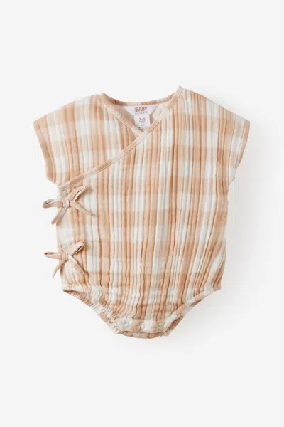 Cotton On Kids' Organic Woven Cross Over Tie Bubbysuit In Brown