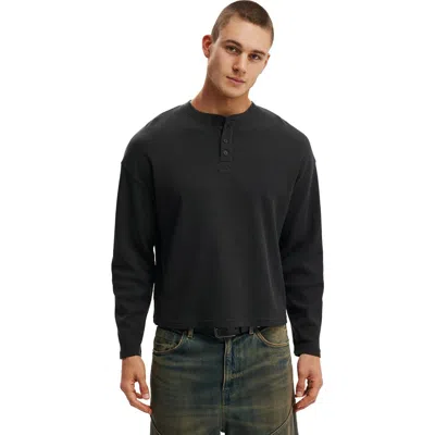 Cotton On Relaxed Fit Textured Henley Long Sleeve In Black