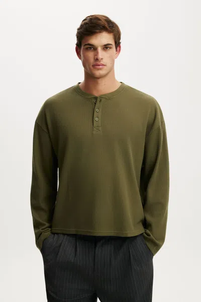 Cotton On Relaxed Fit Textured Henley Long Sleeve In Green