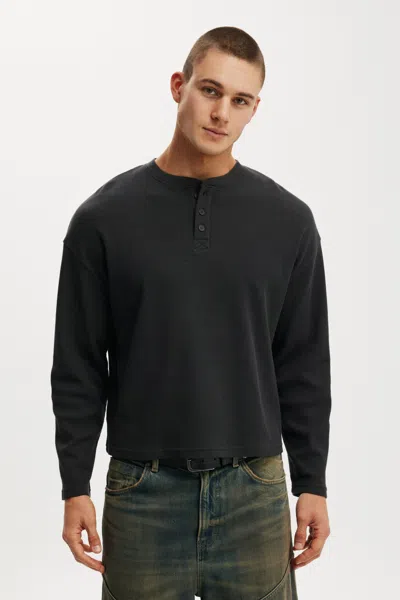 Cotton On Relaxed Fit Textured Henley Long Sleeve In Black