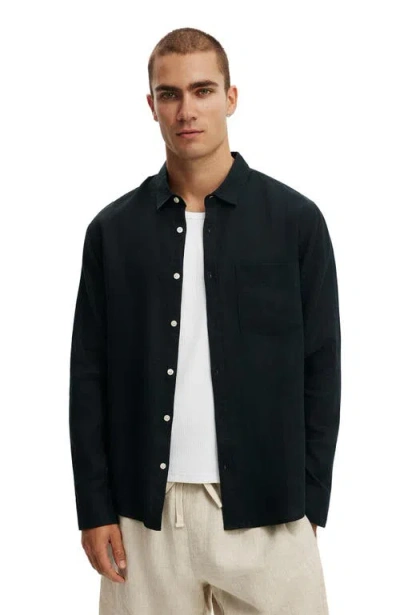 Cotton On Relaxed Linen Long Sleeve Shirt In Black