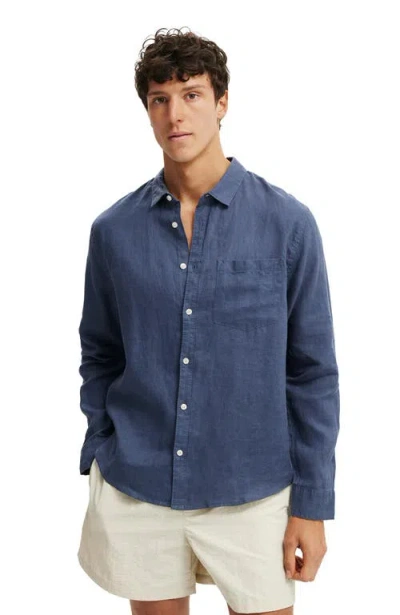 Cotton On Relaxed Linen Long Sleeve Shirt In Blue