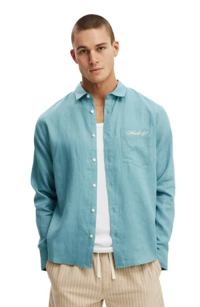 Cotton On Relaxed Linen Long Sleeve Shirt In Blue
