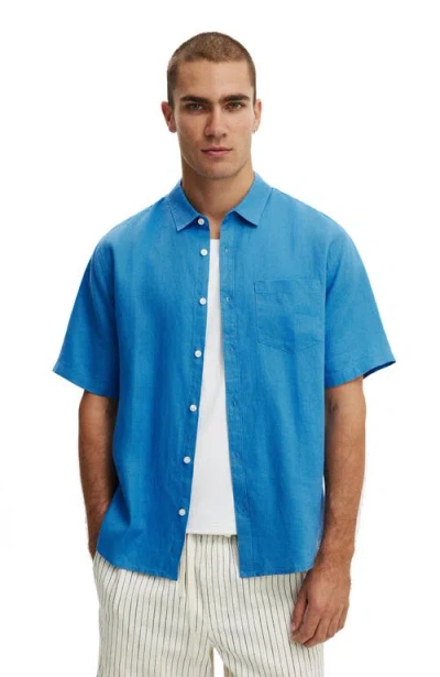 Cotton On Relaxed Linen Short Sleeve Shirt In Blue