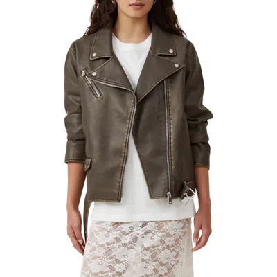 Cotton On Roman Faux Leather Moto Jacket In Washed Brown