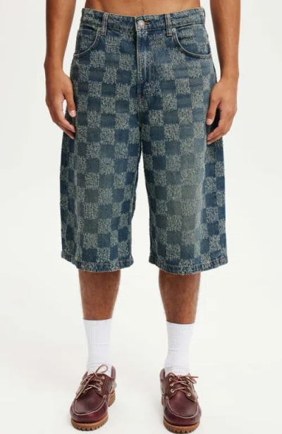 Cotton On Super Baggy Jort In Check Up Blue