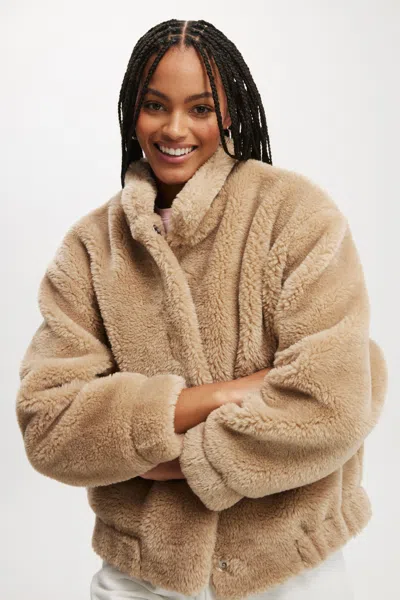 Cotton On Teddy Bomber Jacket In Stone