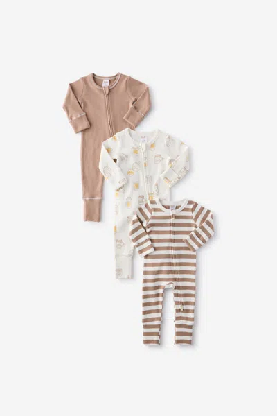Cotton On Kids' The 3pk Remi Long Sleeve Zip Romper In Brown