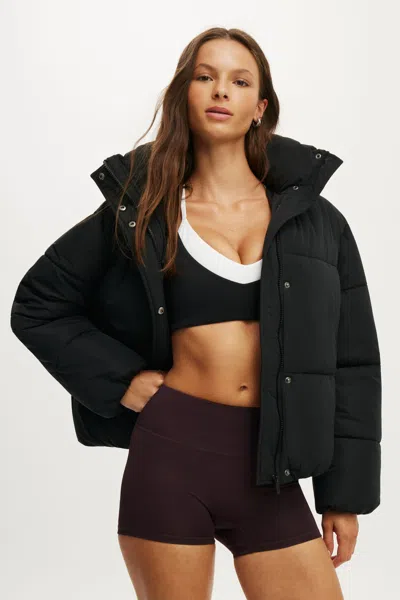 Cotton On The Mother Puffer Removable Hood Jacket In Black