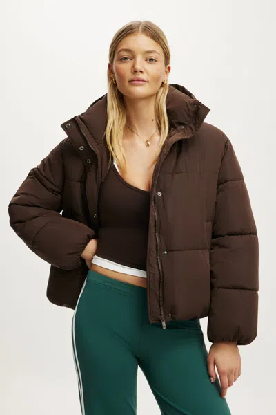 Cotton On The Mother Puffer Removable Hood Jacket In French Roast