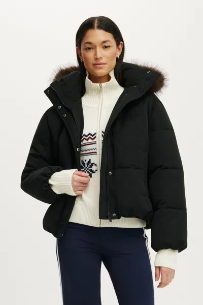 Cotton On The Mother Puffer Soft Touch Removable Hood Jacket In Black