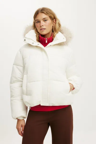 Cotton On The Mother Puffer Soft Touch Removable Hood Jacket In White