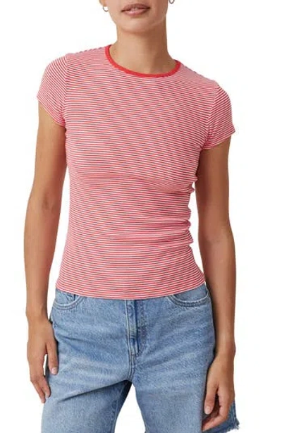 Cotton On Women's The One Rib Crew Short Sleeve T-shirt In Mini Stripe White,fiery Red