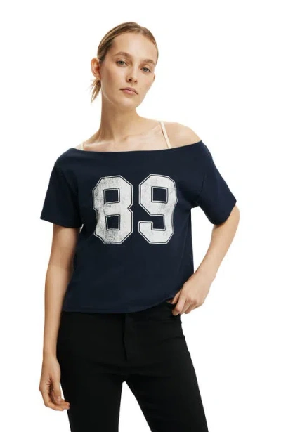 Cotton On The Sporty Off Shoulder Graphic Tee In Blue