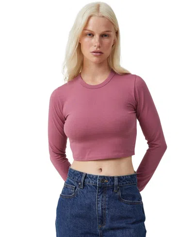 Cotton On Top Women's Soft Berry Long Sleeve Crew Neck Cropped Ups574 In Pink