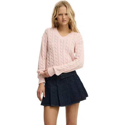 Cotton On V-neck Cotton Cropped Cable Pullover In Pink