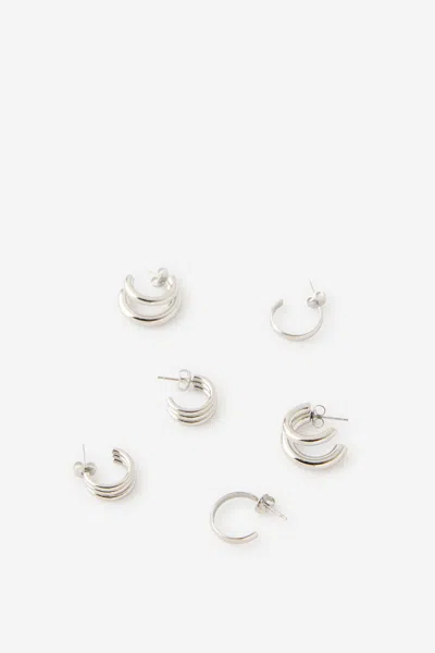 Cotton On Waterproof 3pk Mid Earring In Silver Ribbed Smooth Hoops