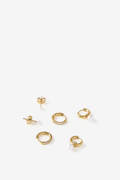 Cotton On Waterproof 3pk Small Earring In Gold Dia Huggie Pearl Drop