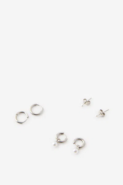 Cotton On Waterproof 3pk Small Earring In Silver Dia Huggie Pearl Drop