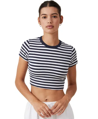Cotton On Stripe Micro Crop T-shirt In Cara Stripe White/ Ink Navy